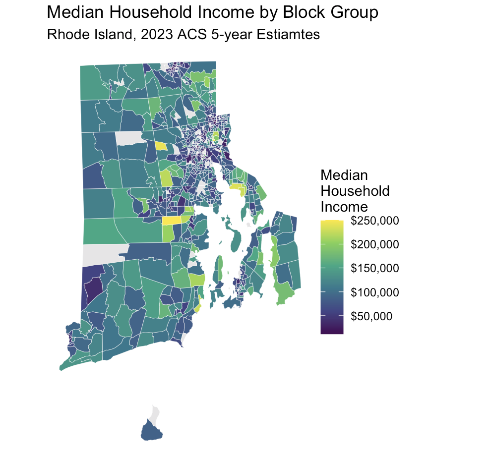 Median Household Income by Block Group, Rhode Island, 2023 ACS 5-year Estimates, showing urban cores around Providence below $100K alongside suburban and coastal block groups reaching $150K–$250K