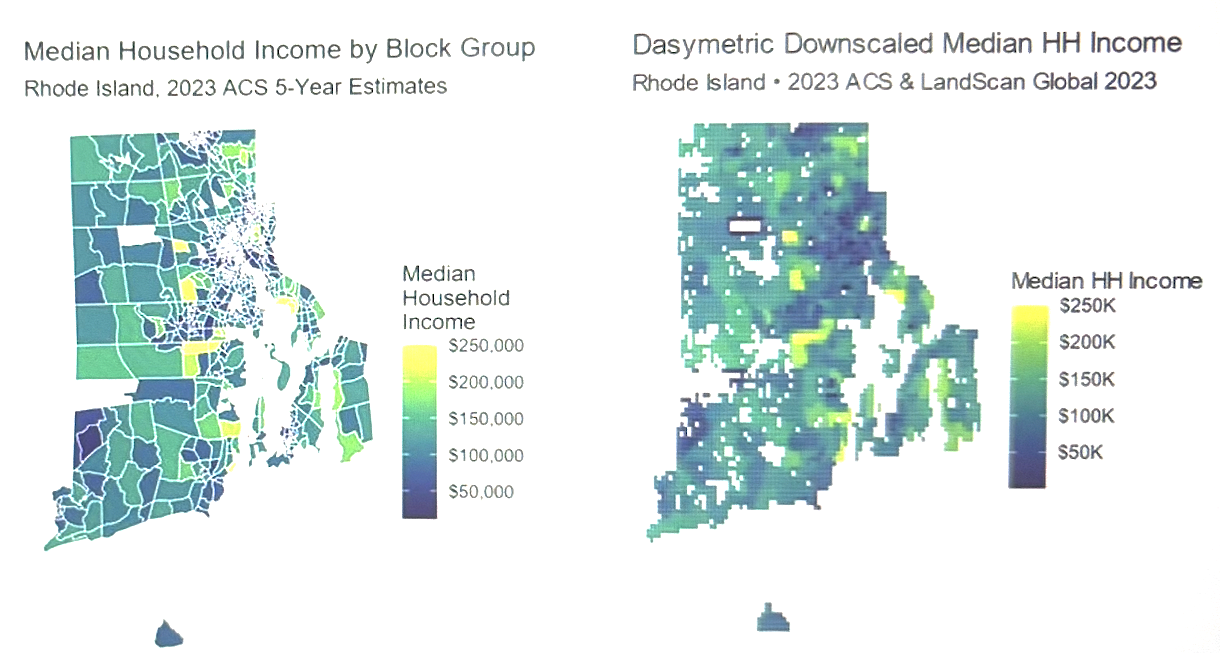 Median Household Income by Block Group and Dasymetric Downscaled Median HH Income, Rhode Island